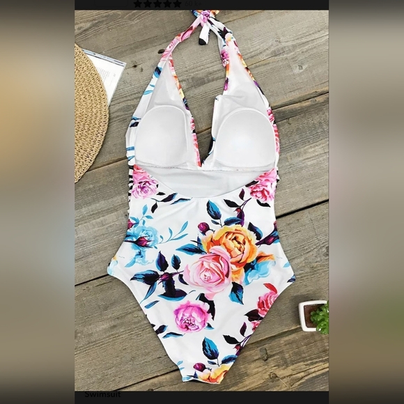 New Cupshe Bold Floral and Stripe Halter Tummy Control One Piece Swimsuit - Picture 4 of 8